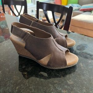 Clarks soft cushion , wedge heel , brown suede , worn only once
